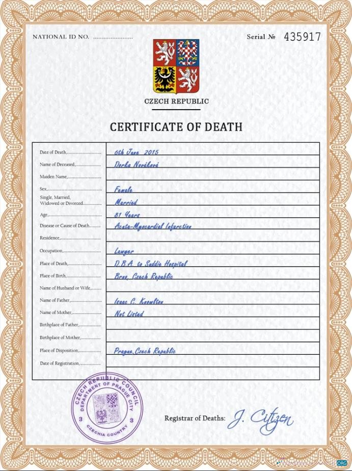 Download Czechia death certificate PSD template Photoshop template